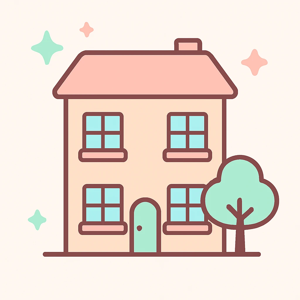 Remove the eyes from the building, keep the kawaii chibi anime style with flat pastel colors, thick outlines, and simple cute features. emoji