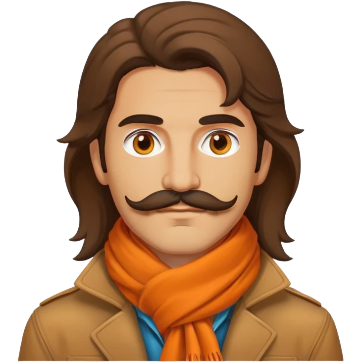 Persian esoteric male with mullet and stache, brown eyes and orange scarf and brown jacket emoji