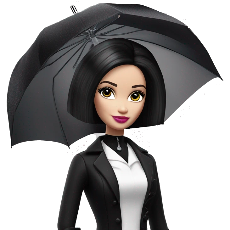 Stunning in the Spotlight Barbie, teen Wednesday Addams,showing off, show full body,accessories  gloves funeral veil umbrella  emoji