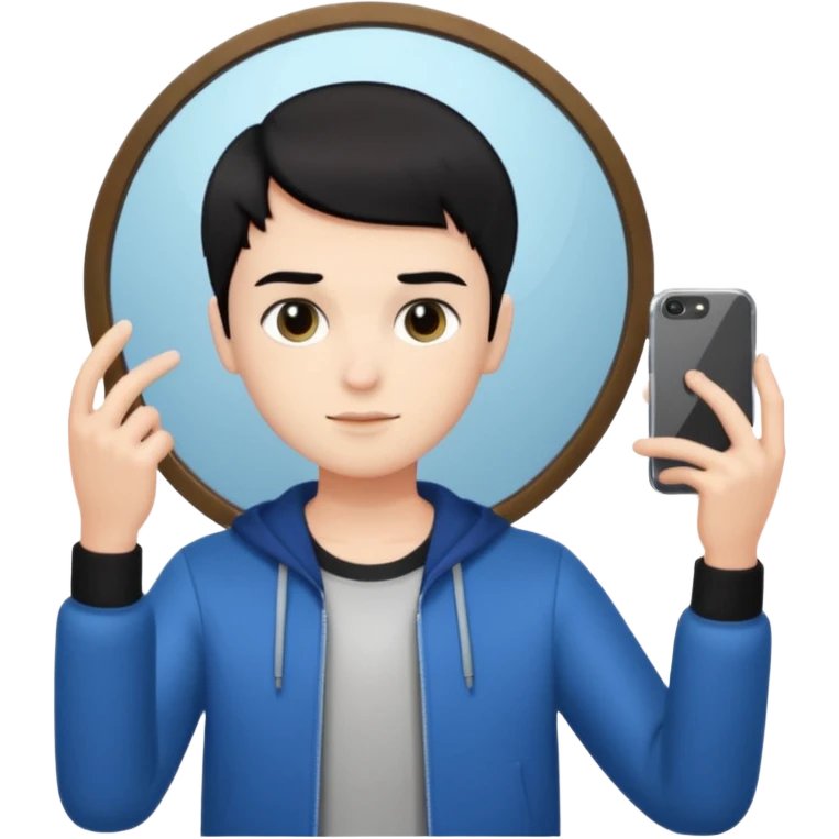 generate a pretty bratz fair skinned boy with short black hair taking a mirror selfie emoji
