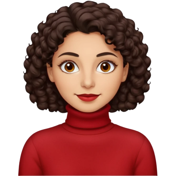 30 yr iranian woman dark brown hair curly wavy short hair, red turtle neck sweater, very thick eyebrows, light skin, dark brown eyes, small smile emoji