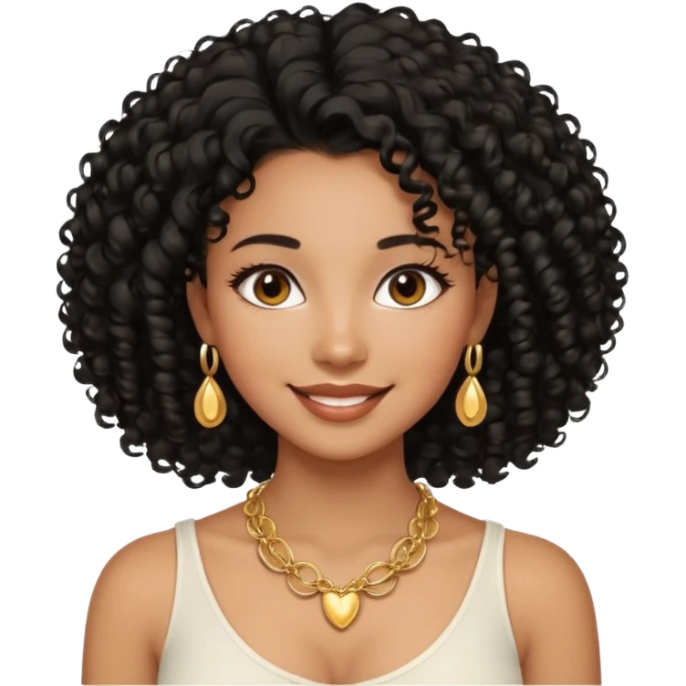 a young woman.She has voluminous, curly black hair that frames her face beautifully. Her skin tone is black light and glowing, and she has a subtle, natural makeup look. She’s smiling softly at the camera. She is wearing a white top emoji