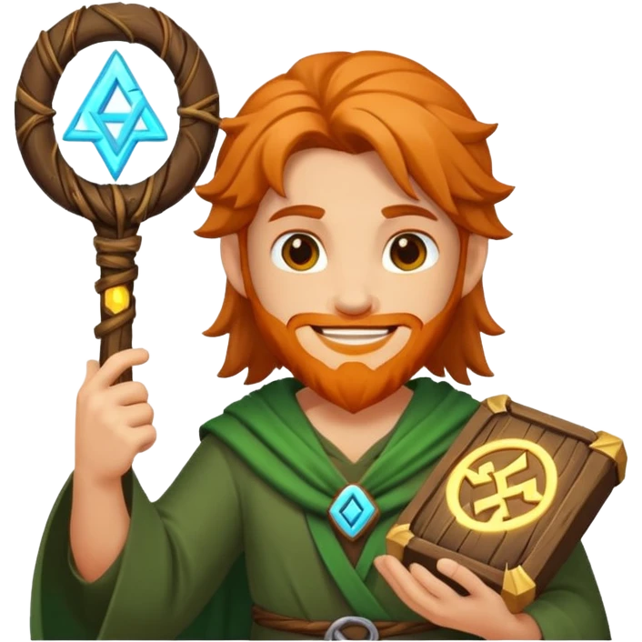 druid character satisfied smile holding glowing rune emoji