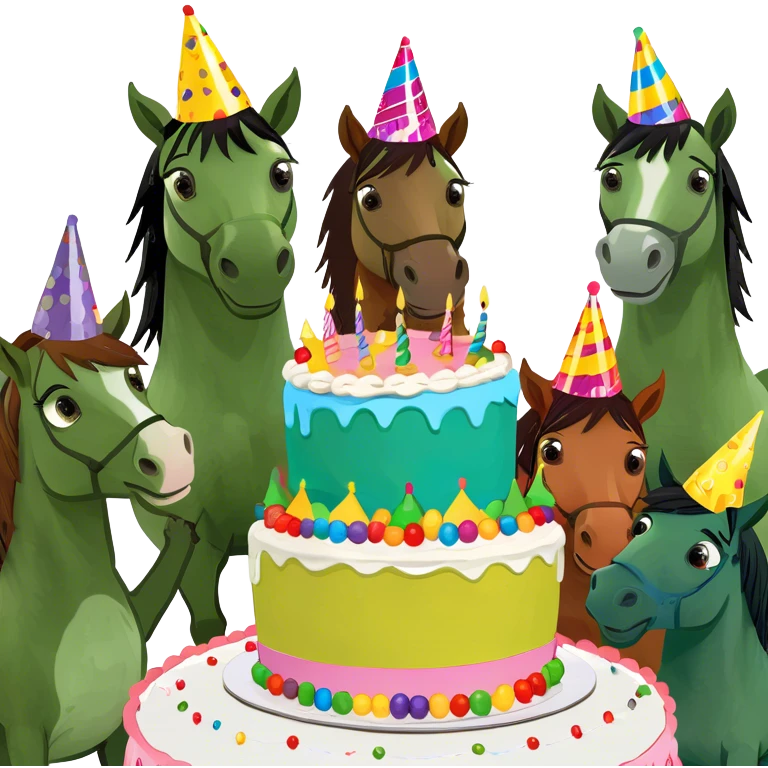A bunch of horses wearing a birthday hats around a cake emoji