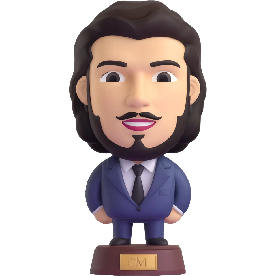 statuette of Che Guevara in a suit and tie, big head, confident smile emoji
