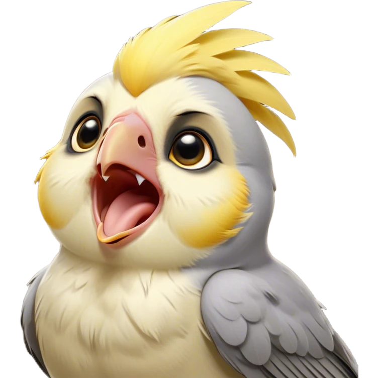 Cinematic Cute Yawning Cockatiel Portrait Emoji, Head tilted slightly with a dramatic, wide-open yawn, showcasing a soft grey fur with subtle yellow accents and gently drooping crest feathers, round dark eyes barely open in drowsy contentment, Simplified yet irresistibly adorable features, highly detailed, glowing with a soft, cozy glow, high shine, relaxed yet expressive, stylized with a touch of whimsy, bright and endearing, soft glowing outline, capturing the essence of a sleepy yet affectionate cockatiel, so drowsy it feels like it could stretch out of the screen and curl up for a nap! emoji