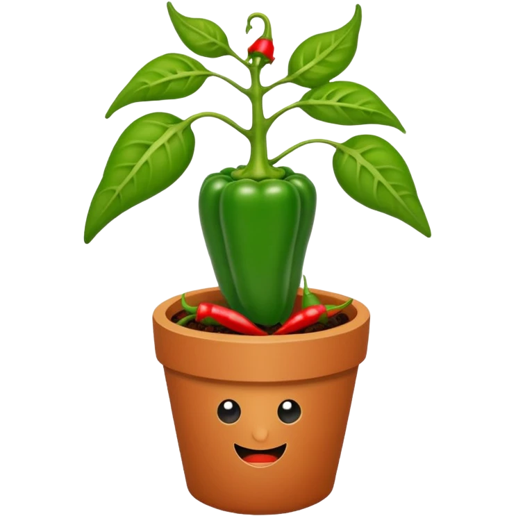 Potted green pepper plant with small chili peppers growing on it emoji
