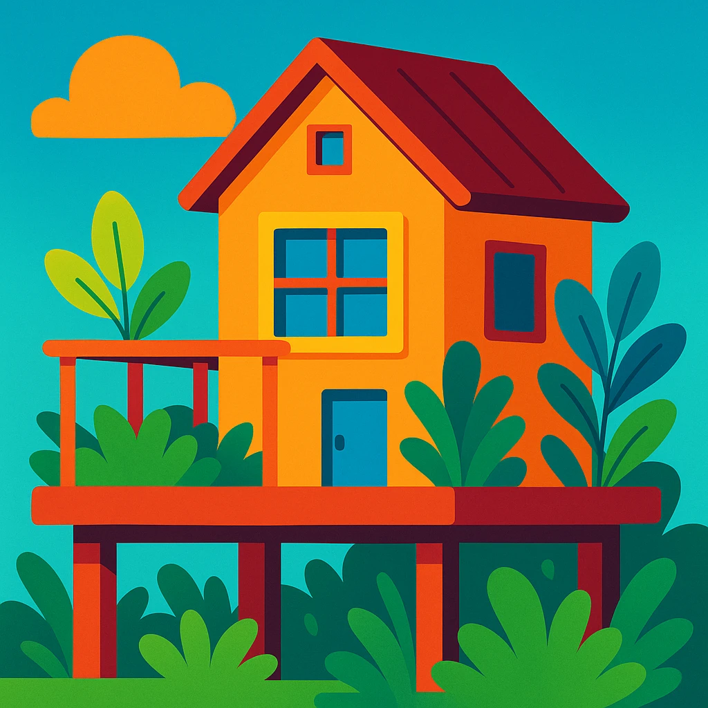 a house with a platform and plants, vibrant cartoon style emoji
