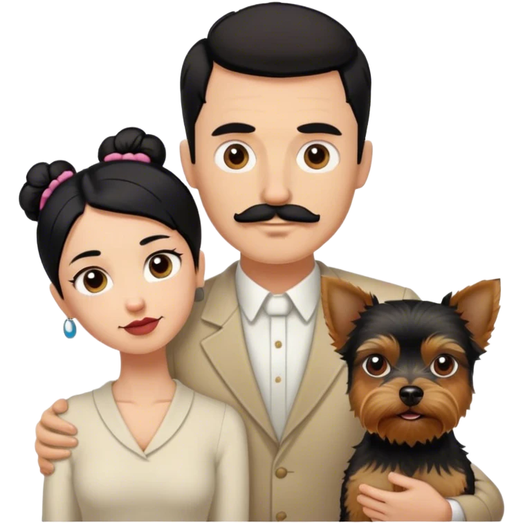 Tall pale guy with dark hair mustache goatee, and short woman with black hair bun, and a yorkshire terrier dog emoji