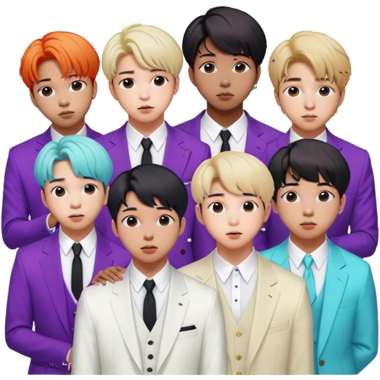 Cinematic Realistic group portrait of BTS featuring all 7 members in stylish modern attire, with detailed facial expressions and vibrant colors, captured in dynamic, contemporary lighting that emphasizes their global pop icon status emoji