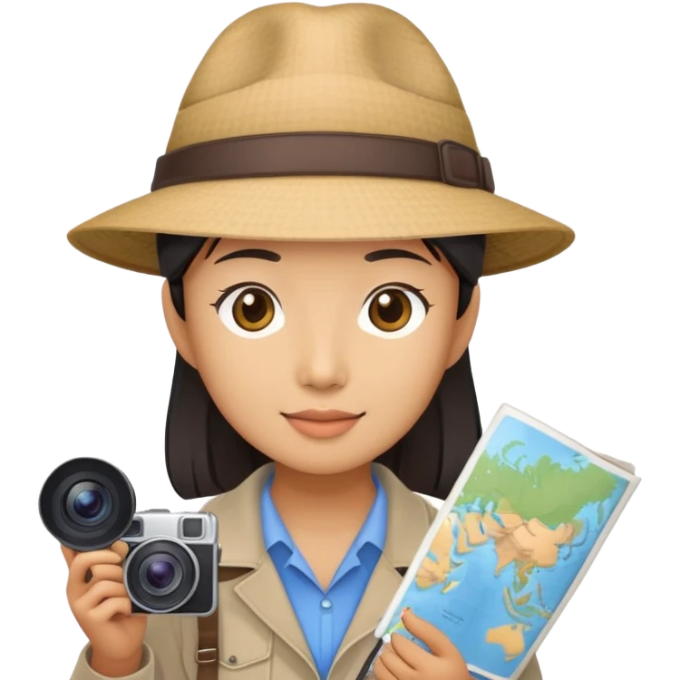 Asian tourist with camera and map, wearing hat emoji