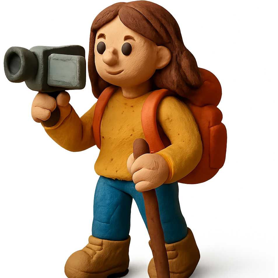hiking woman with brown hair holding a video camera emoji