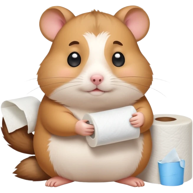 Cute chubby cartoon-style hamster sitting on toilet holding toilet paper looking as if he had an accident, sticker-style illustration emoji