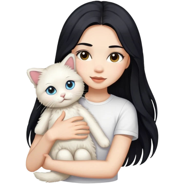 A beautiful girl with long black hair wearing a white short-sleeved shirt hugs a ragol emoji