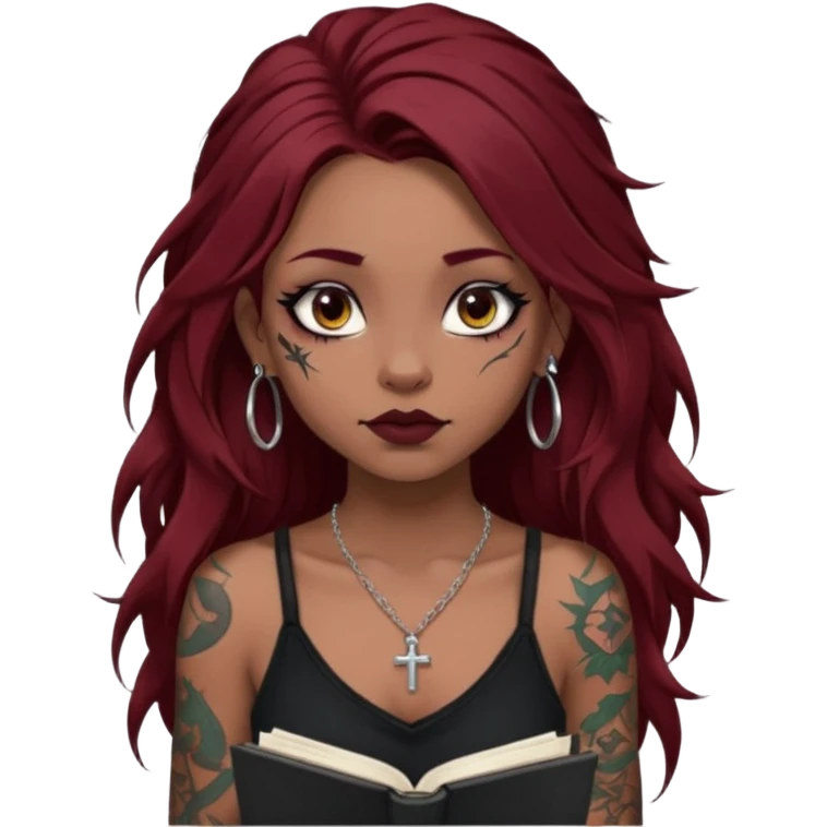 generate an ios genmoji of a dusky girl with long dark red messy hair with eyeliner on her eyes. septum piercing, wearing a cami black top, has tattoos, on shoulders. ear piercings. wearing a cross silver necklace. carrying a lot of sketchbooks emoji