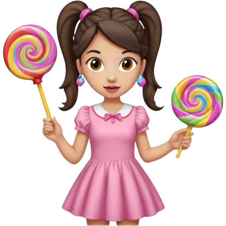 Girl with long dark ponytails wearing light pink body dress holding a lollipop emoji