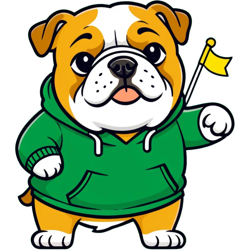 A bulldog wearing a green sweatshirt holding a little green flag emoji