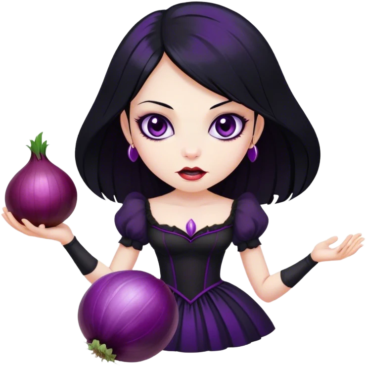 The vampire in black dress, black hair, brown eyes, holding a big violet onion  emoji