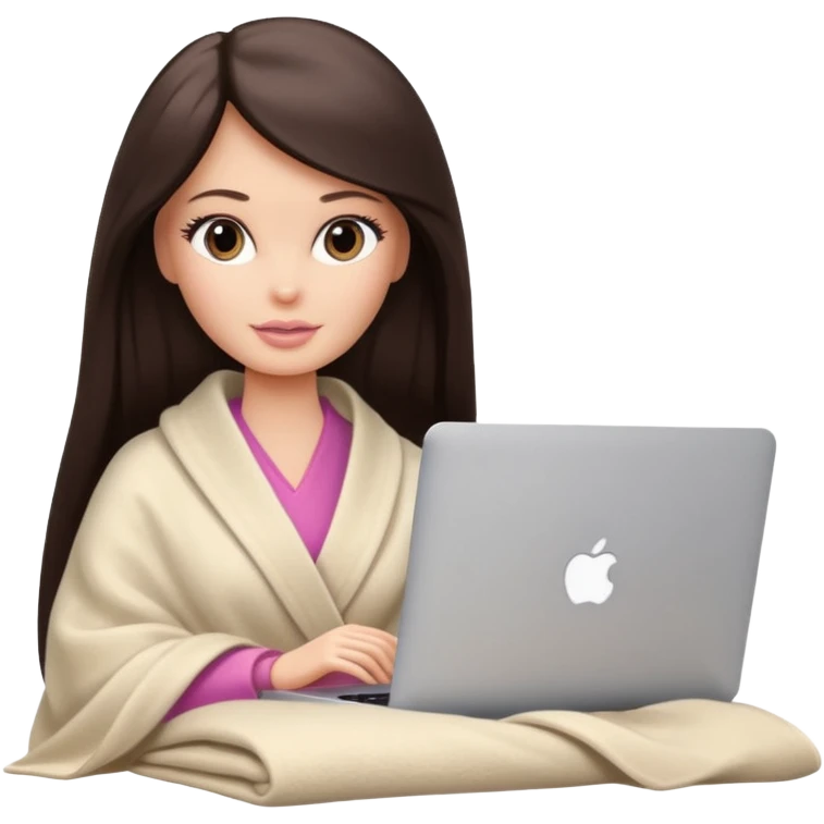 Barbie girl with a long straight dark brown hair inside a pale beige blanket working macbook  emoji