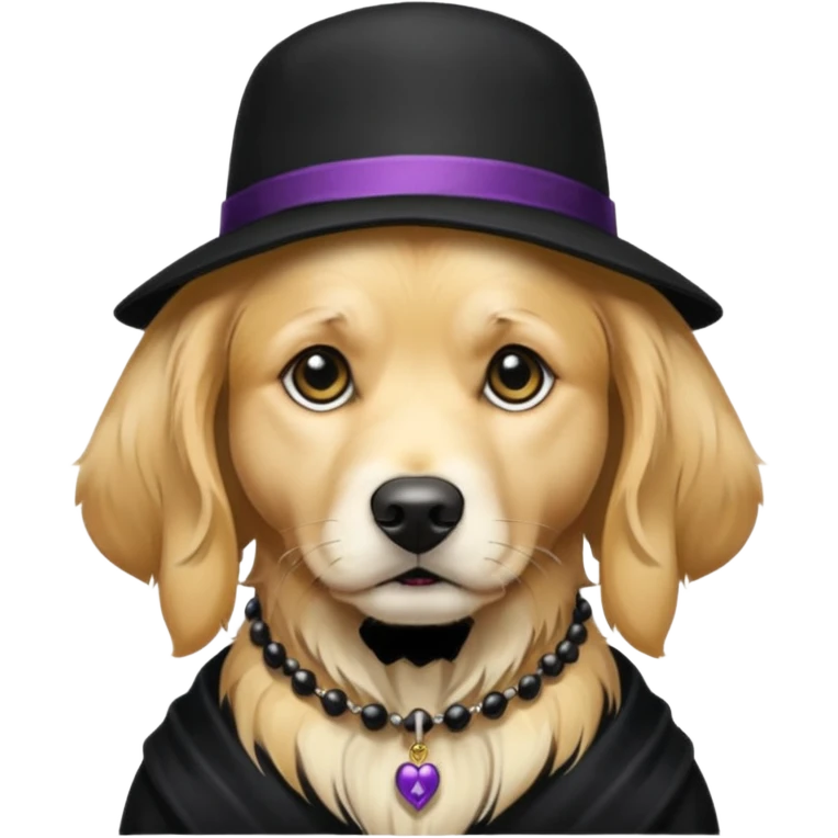golden retriever dog wearing goth accessories, somber expression emoji