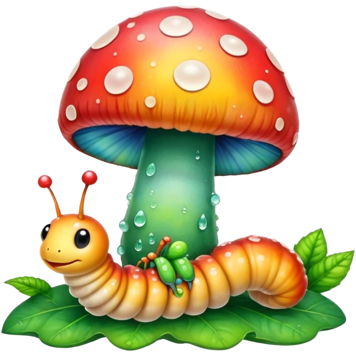 Tie dye mushroom with dew and a cute caterpillar  emoji