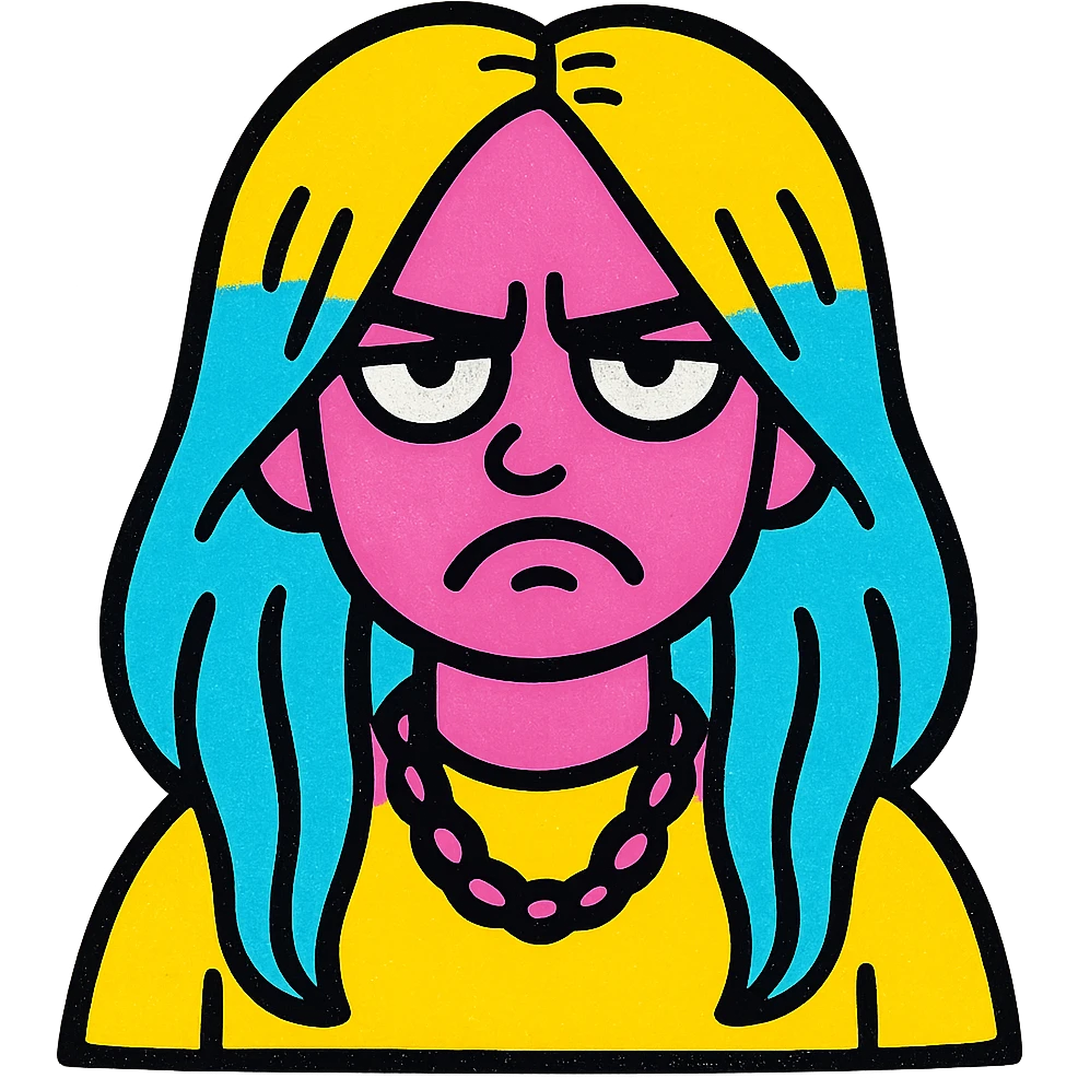 Billie Eilish, scowling, signature hair, modern illustration, bold colors, pop art style emoji