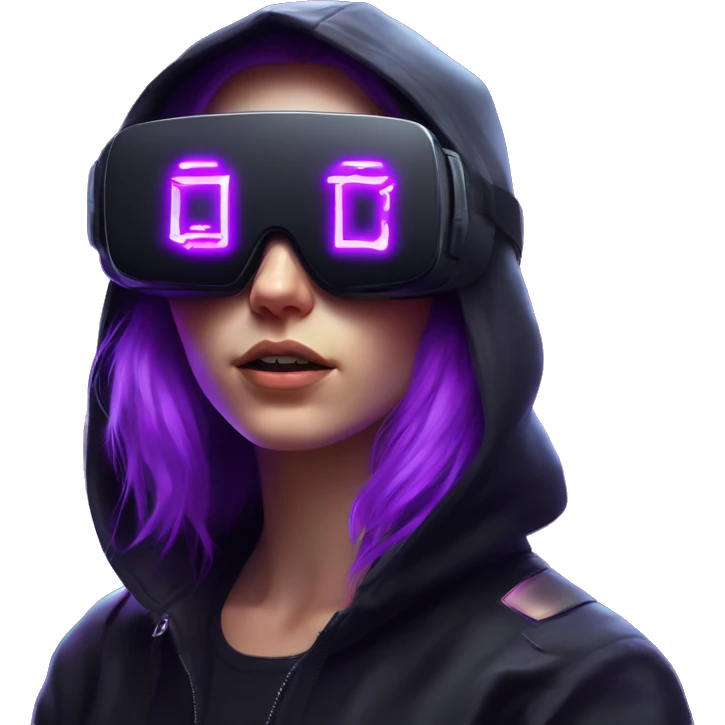 Russian girl wearing black hoody with violet letters "OMG", in vr headset. Cyberpunk style. Violet neon. emoji