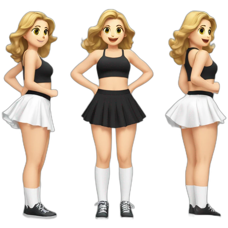 alistic-full-body-caucasian-curvy-beauty-jumping-short-black-skirt-back-and-front-views-strong-wind-white knickers-long-white-socks emoji