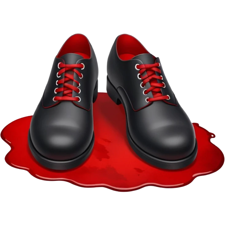 Minimalist emoji-style sticker of two black shoes standing on a red carpet that fades into a bloodstain. Flat, frontal design, simple icon composition. emoji