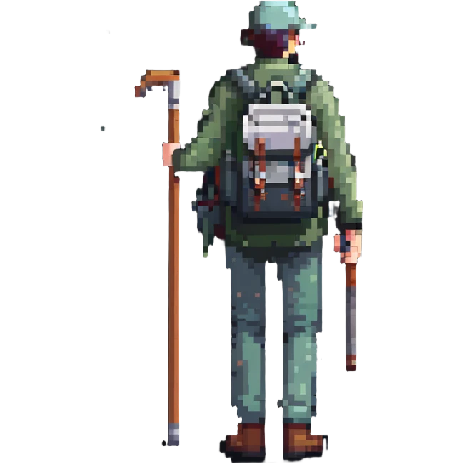 detailed man with visible face and full body standing in mist, wanderer with backpack and walking stick emoji