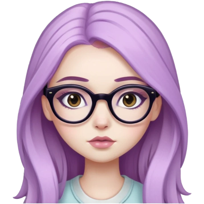  long pastel purple hair, pale skin, brown eyes, glasses, pretty bratz baddie, black eyeliner, blush emoji