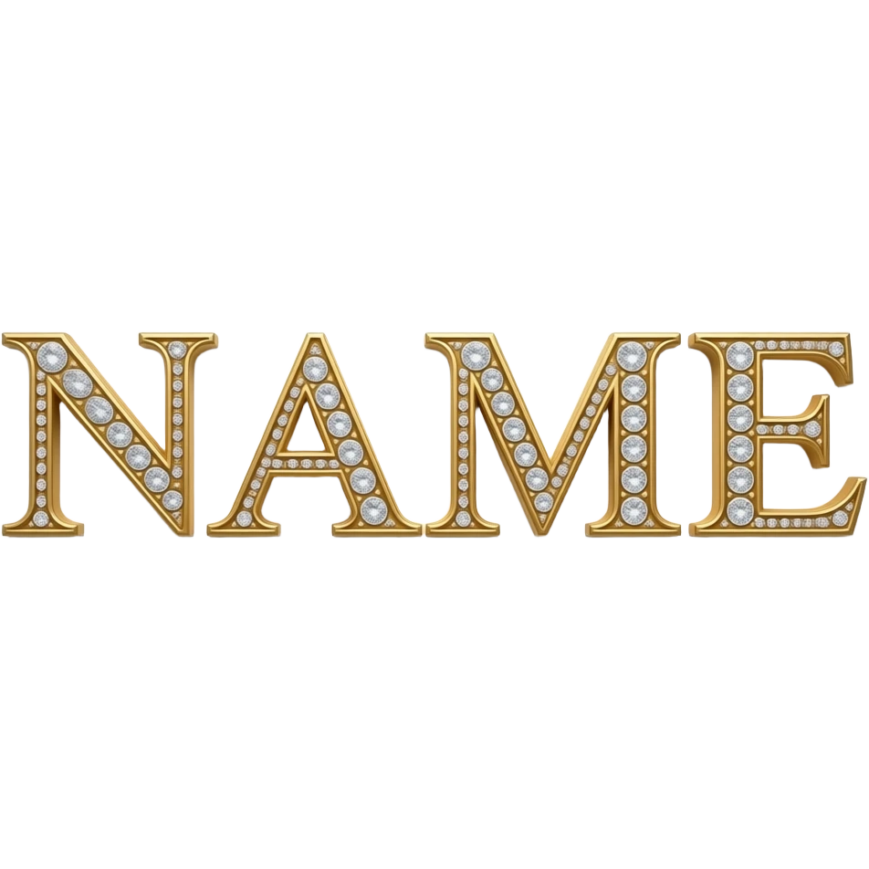 The text 'NAME' in elegant serif typography, 3D embossed gold with diamond-encrusted edges. Top-down studio lighting, sharp focus, isolated on white, luxury brand aesthetic emoji