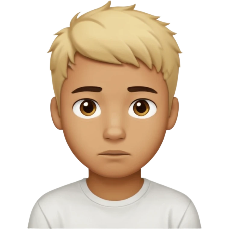 caramel skin color. Teen age. Short buzz, messy blonde hair, dark brown bushy eyebrows large expressive golden-brown eyes, brown skin color, scar over nose, wearing a plain white t-shirt. 20 year old male. thinking facial expression. caramel skin color.  emoji
