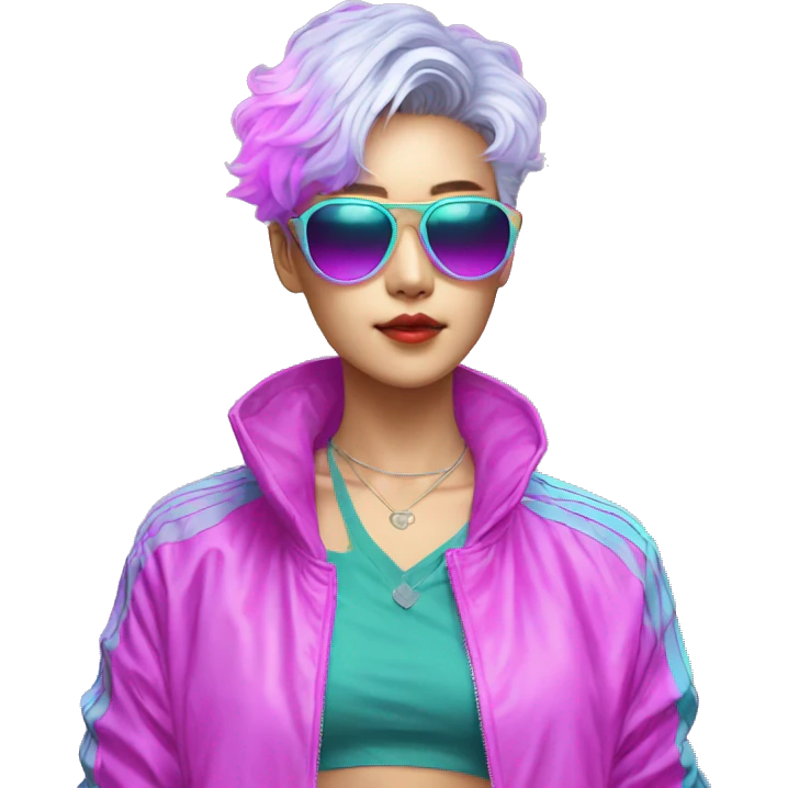 a short-haired Taiwanese lesbian with vaporwave style, sunglasses with vaporwave image on it. emoji