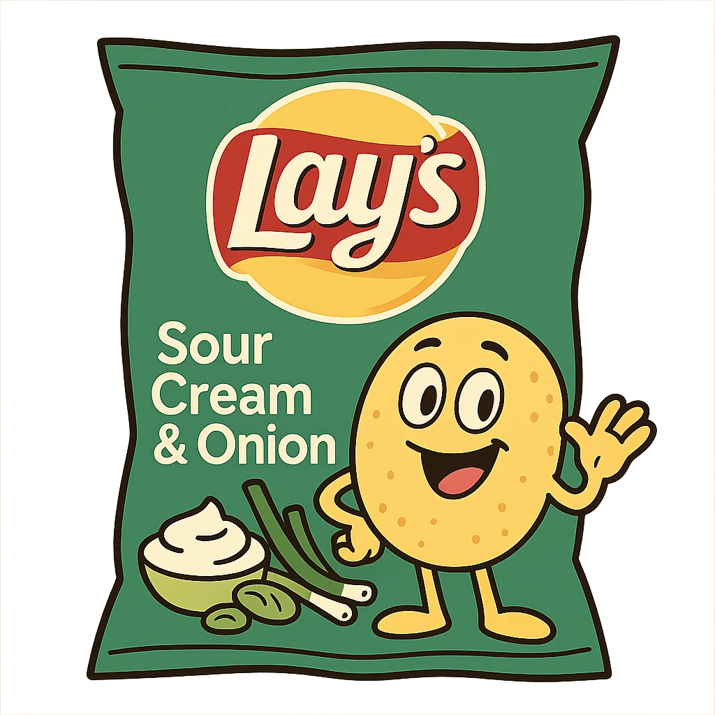 cartoon style Lay's Sour Cream and Onion, smiling chip mascot, green bag, playful and fun emoji