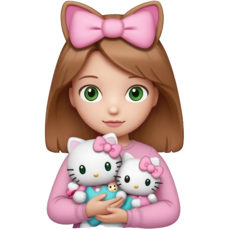 Girl with natural green eyes and light brown hair and she have a hello kitty doll with her hand emoji