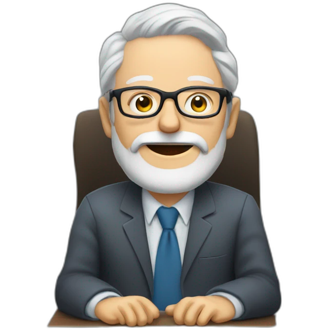 old man with grey hair and beard and glasses sitting at a desktop with 3 monitors emoji