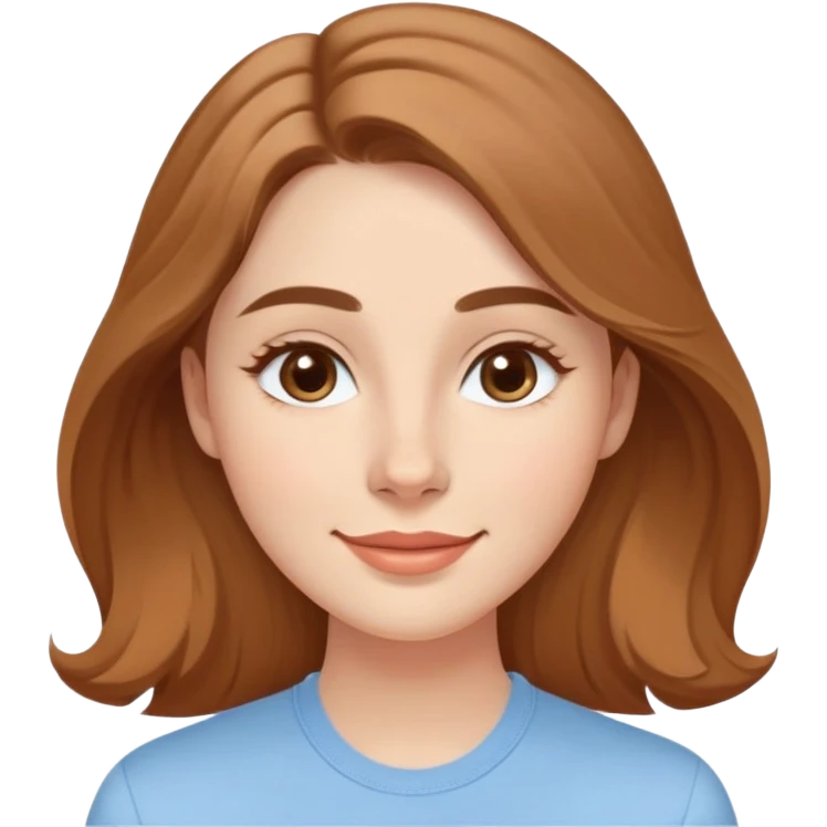 Young adult woman with oval delicate face, soft features, fine jawline, bright friendly smile, large expressive light brown almond eyes, medium arched eyebrows, proportional nose, defined lips, long light brown hair with gentle waves, wearing a casual feminine-cut light blue shirt emoji
