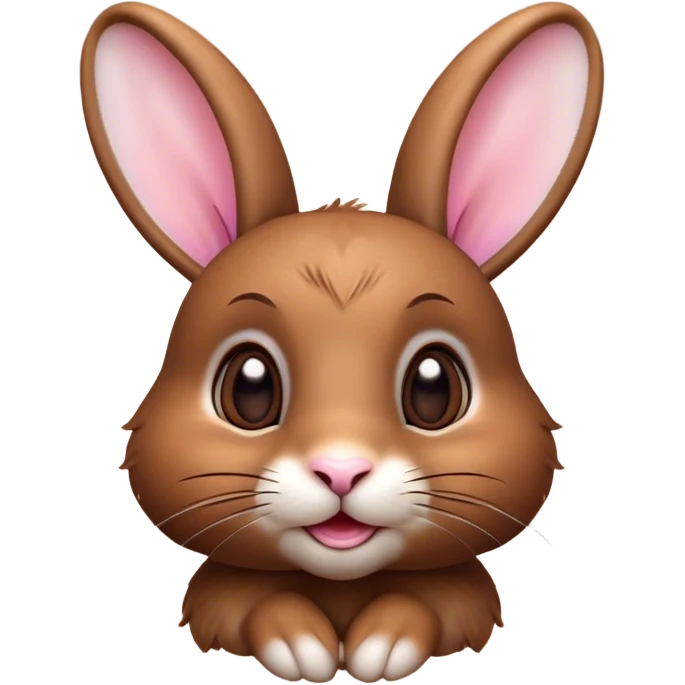 Cinematic Cute Brown Rabbit Portrait Emoji, Head tilted playfully and inquisitively, featuring a glossy, velvety brown fur with perky ears, round, sparkling brown eyes filled with curiosity, Simplified yet irresistibly adorable features, highly detailed, glowing with a warm, friendly glow, high shine, affectionate and lively, stylized with a touch of whimsy, bright and endearing, soft glowing outline, capturing the essence of a mischievous yet loving bunny, so playful it feels like it could hop out of the screen and into your arms! emoji