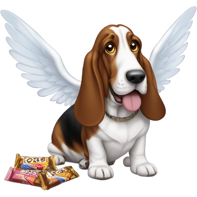 Basset hound with angel wings eating a box of chocolates and candy bars emoji