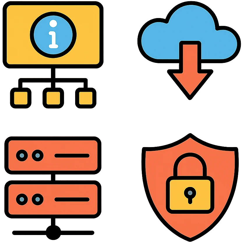 modern color outline icons for information technology, clear symbols for network, cloud, server, and security, minimal, professional, suitable for digital interfaces emoji