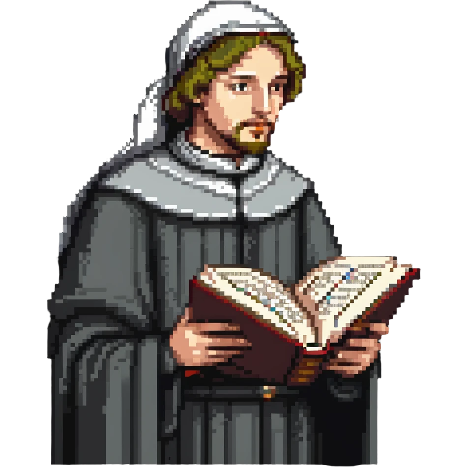 person reading the Canterbury Tales and drinking tea, Geoffrey Chaucer standing behind emoji