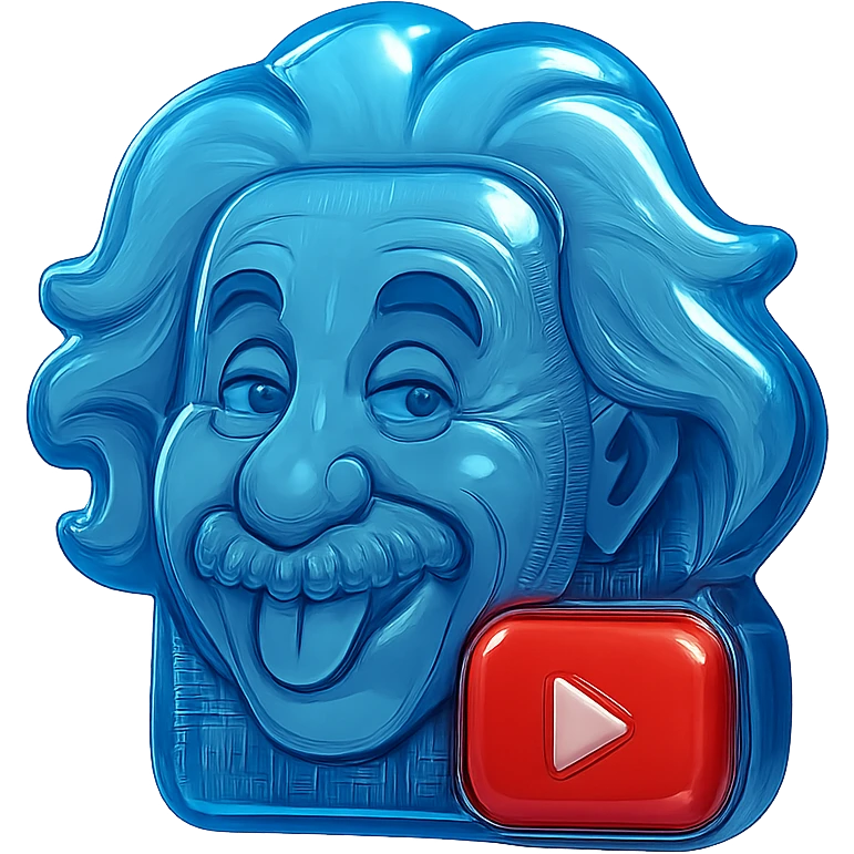 Einstein with a playful sarcastic grin, red YouTube play button emoji
