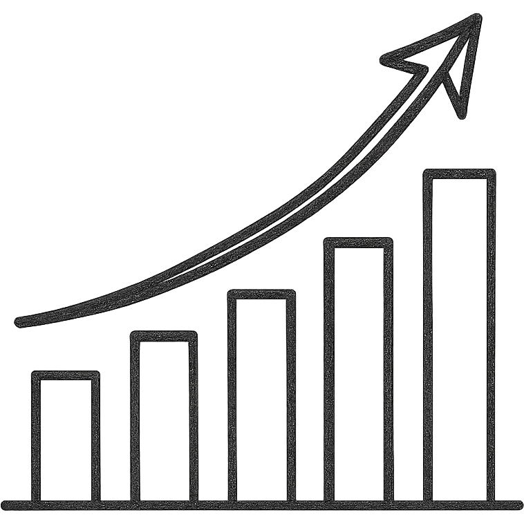 Create a minimalist growth chart with a white background. The bars should be white with dark green shadows and details. Include a dark green arrow. No emojis or extra decorations, focus on minimalism and clarity. emoji