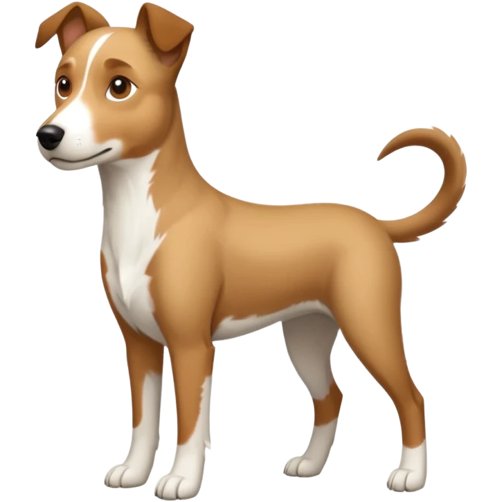 a full body large white parson russell looking dog the size of a kelpie with light brown flapped down ears and a light brown patch on one eye and a large snout emoji