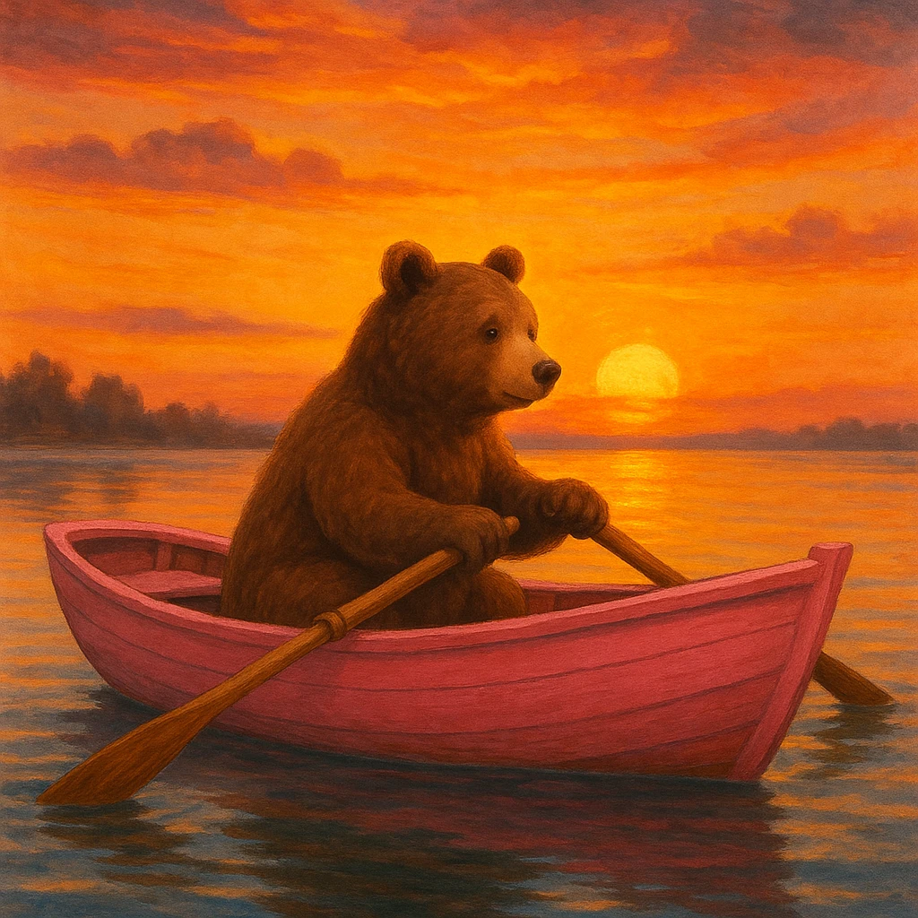 pink rowing boat with a bear rowing, sunset background emoji