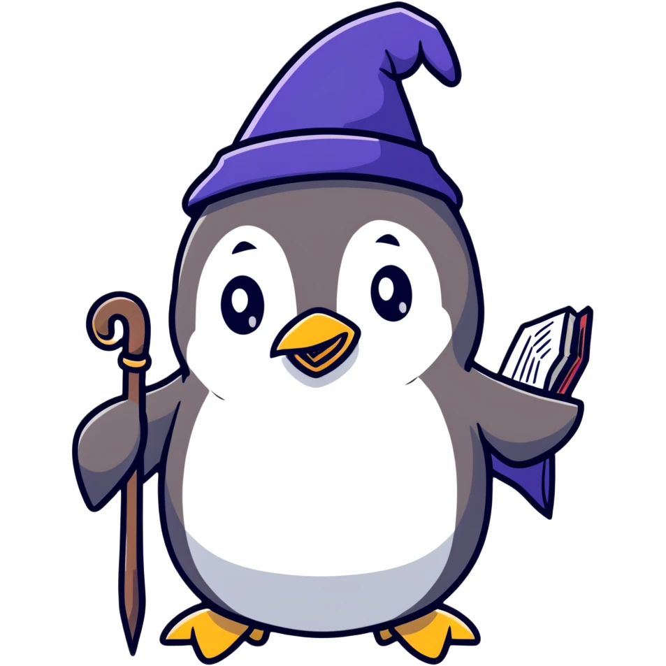 Cute penguin wizard with magical staff and spell book emoji