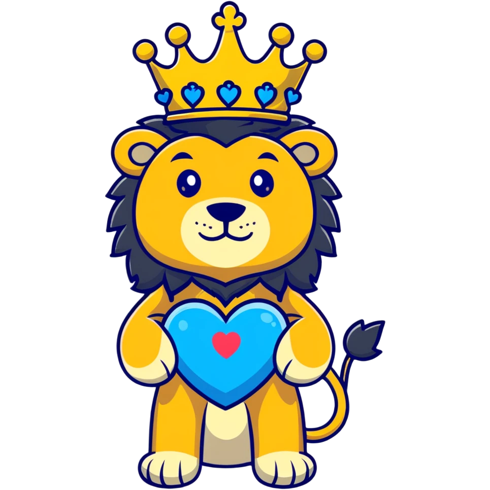 brave lion wearing a golden crown with blue hearts in New York City emoji