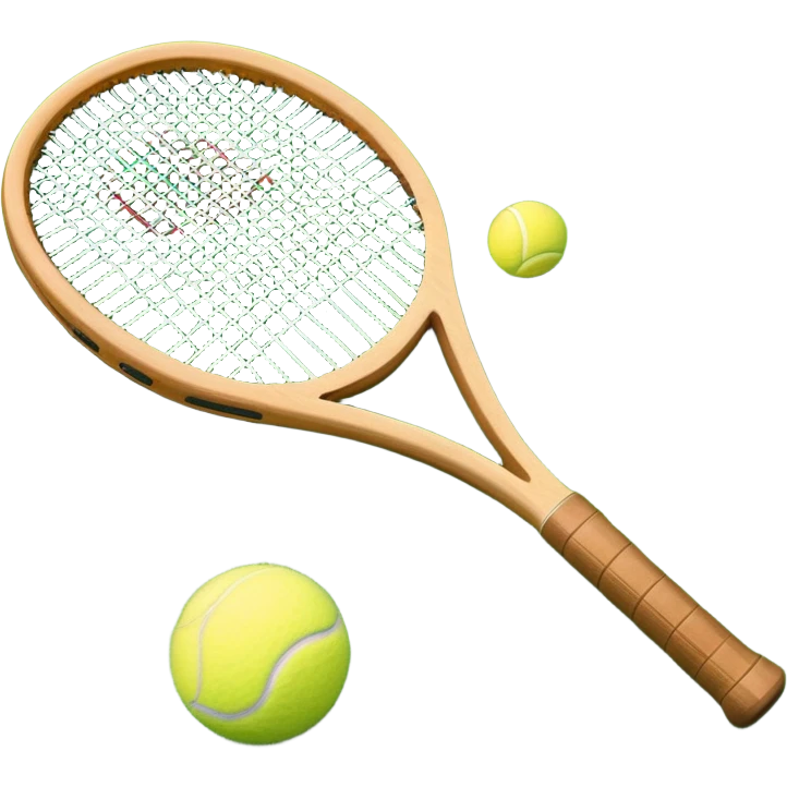 A detailed tennis racket resting on lush green grass beside a bright yellow tennis ball. The scene captures the essence of classic lawn tennis, with a crisp and clean background emphasizing the elegance and tradition of the sport emoji