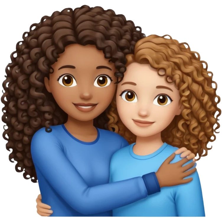 Black girl with curly honey brown hair side hugging and smiling with a white girl with dark brown hair and blue highlights emoji